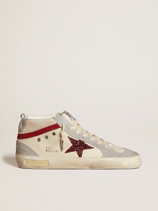 Women’s Mid Star in leather with glitter star and red nubuck flash - Golden Goose Women