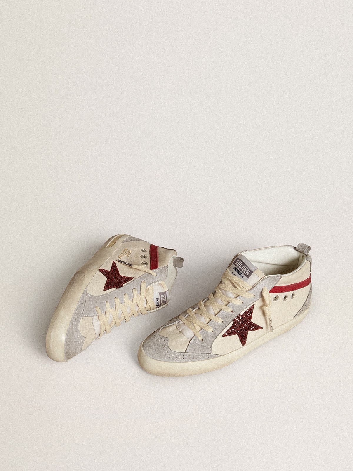 Women’s Mid Star in leather with glitter star and red nubuck flash - Golden Goose Women