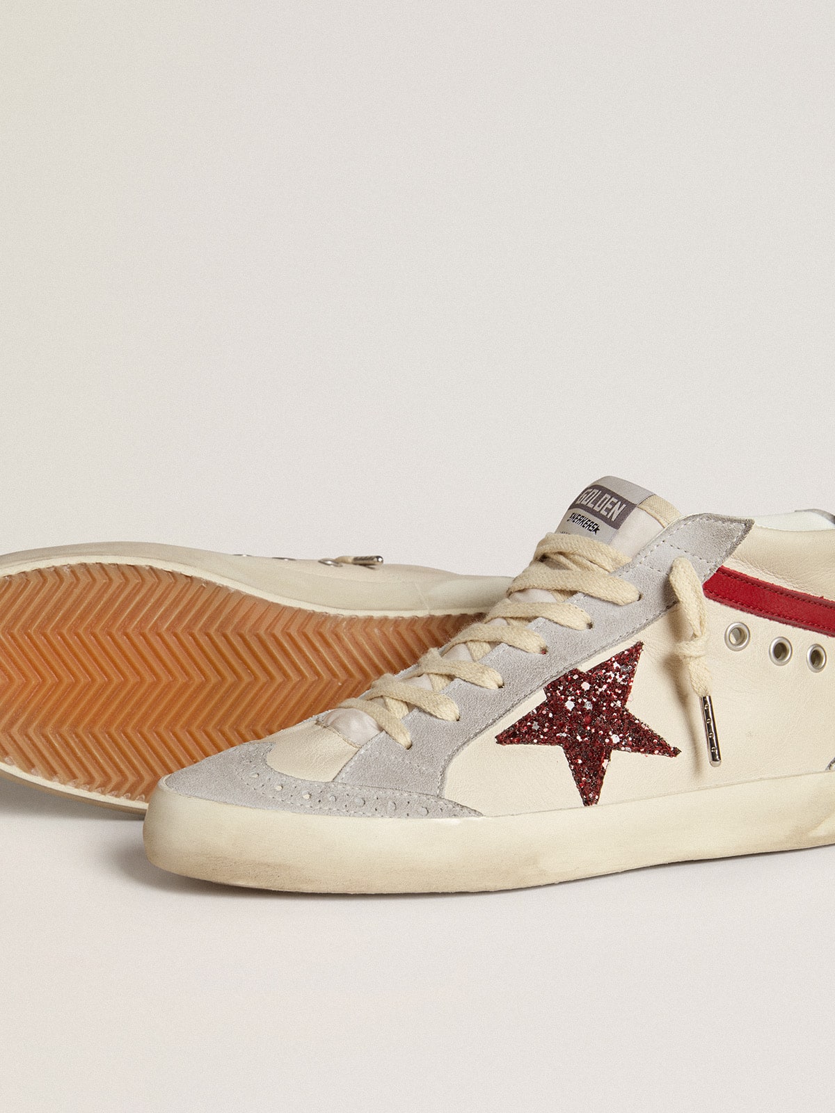 Women’s Mid Star in leather with glitter star and red nubuck flash - Golden Goose Women