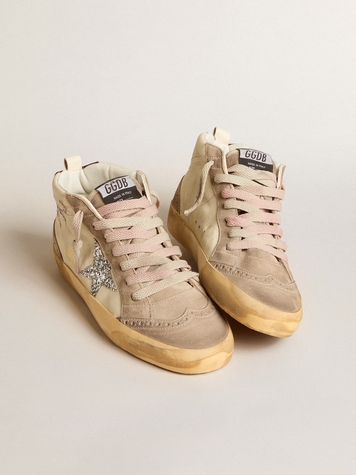 Women's Mid Star in nappa leather with floral embroidery and silver glitter star - Golden Goose Women