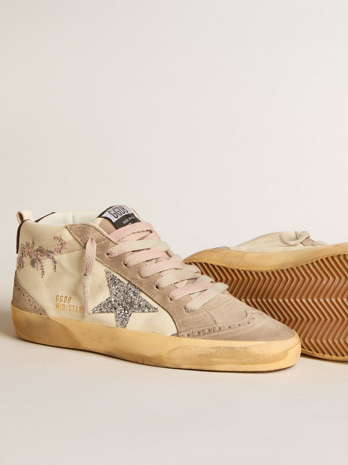 Women's Mid Star in nappa leather with floral embroidery and silver glitter star - Golden Goose Women