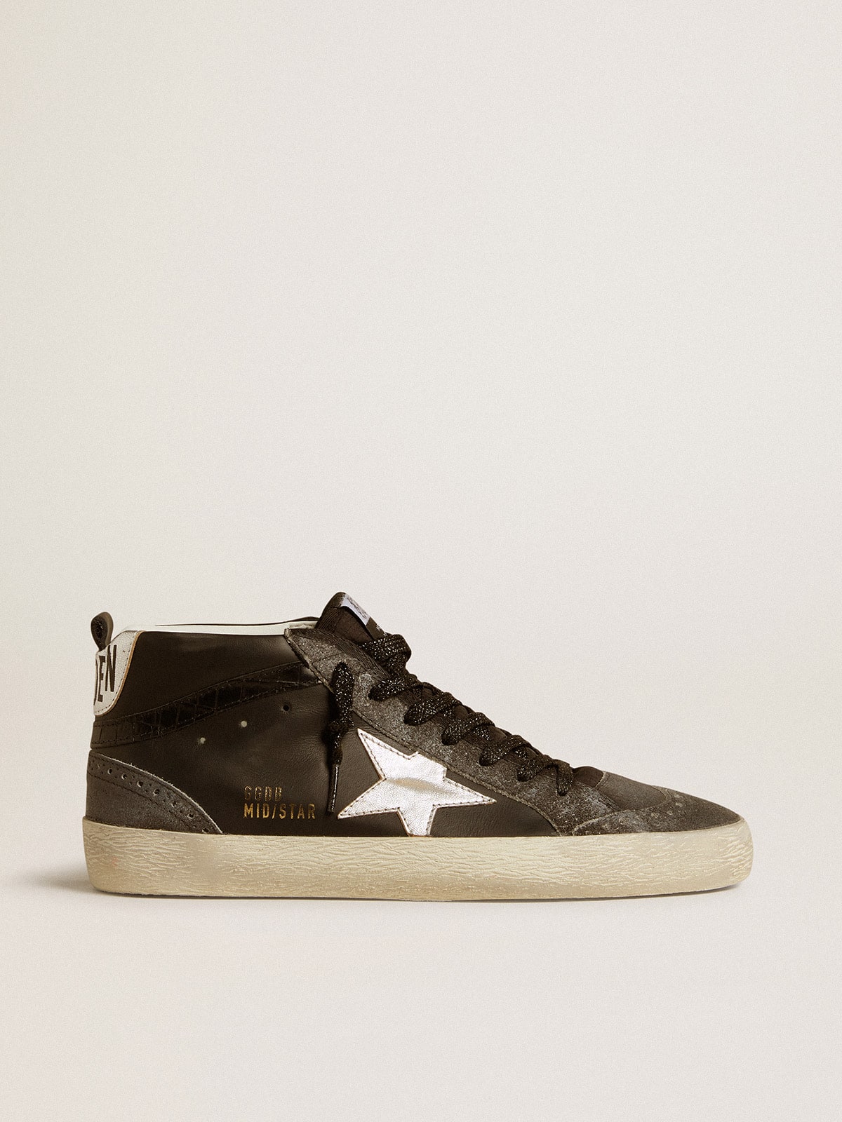 Women’s Mid Star in black leather with silver metallic leather star - Golden Goose Women