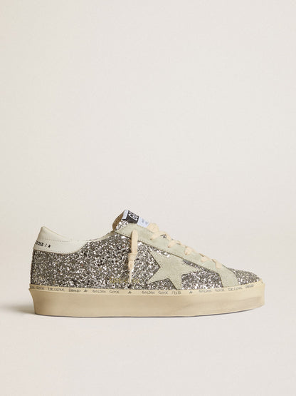 Women's Hi Star in silver glitter with suede star and white heel tab - Golden Goose Women