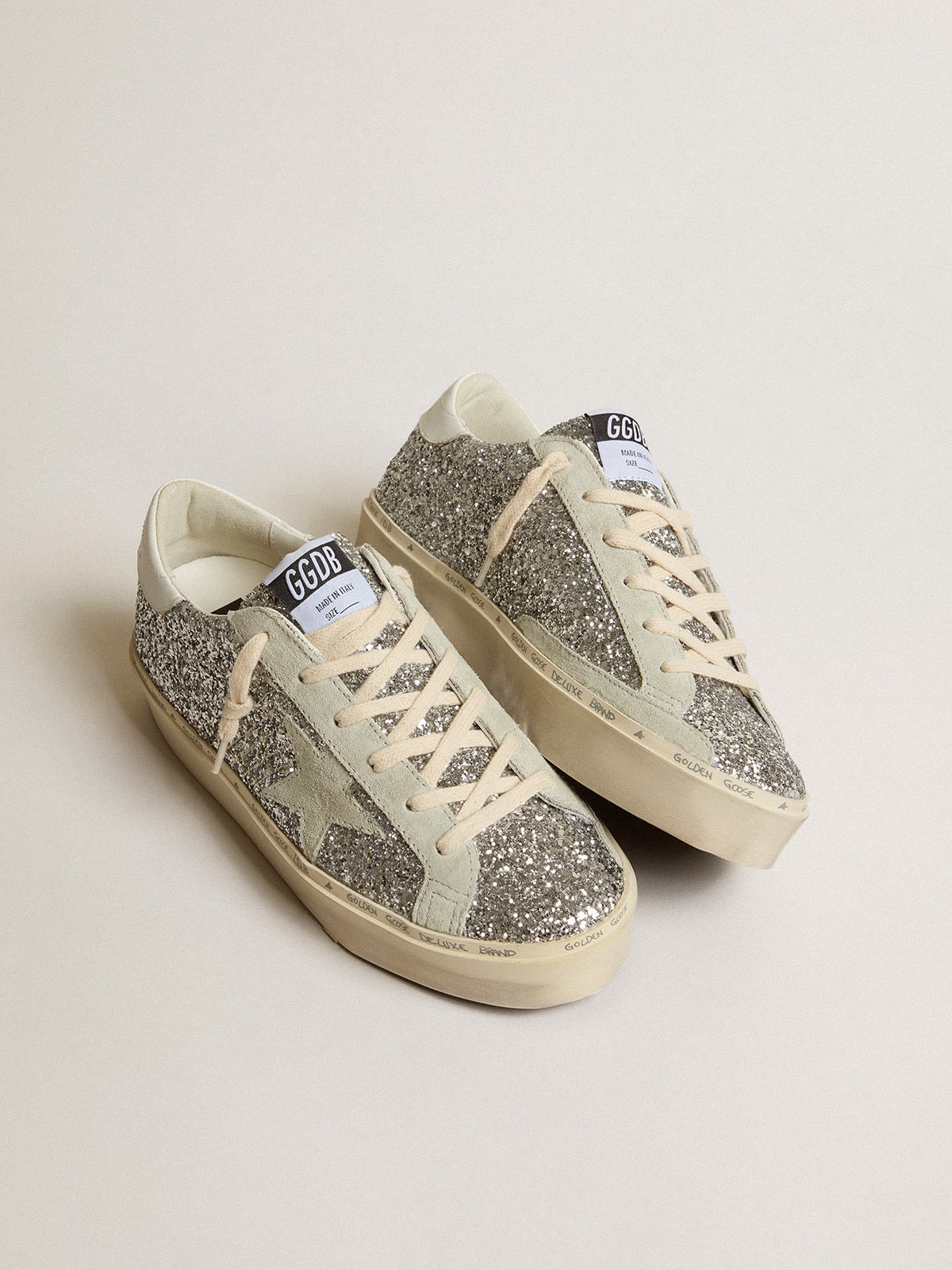 Women's Hi Star in silver glitter with suede star and white heel tab - Golden Goose Women