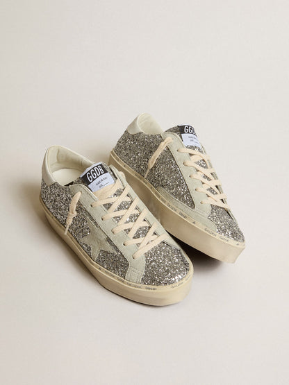 Women's Hi Star in silver glitter with suede star and white heel tab - Golden Goose Women