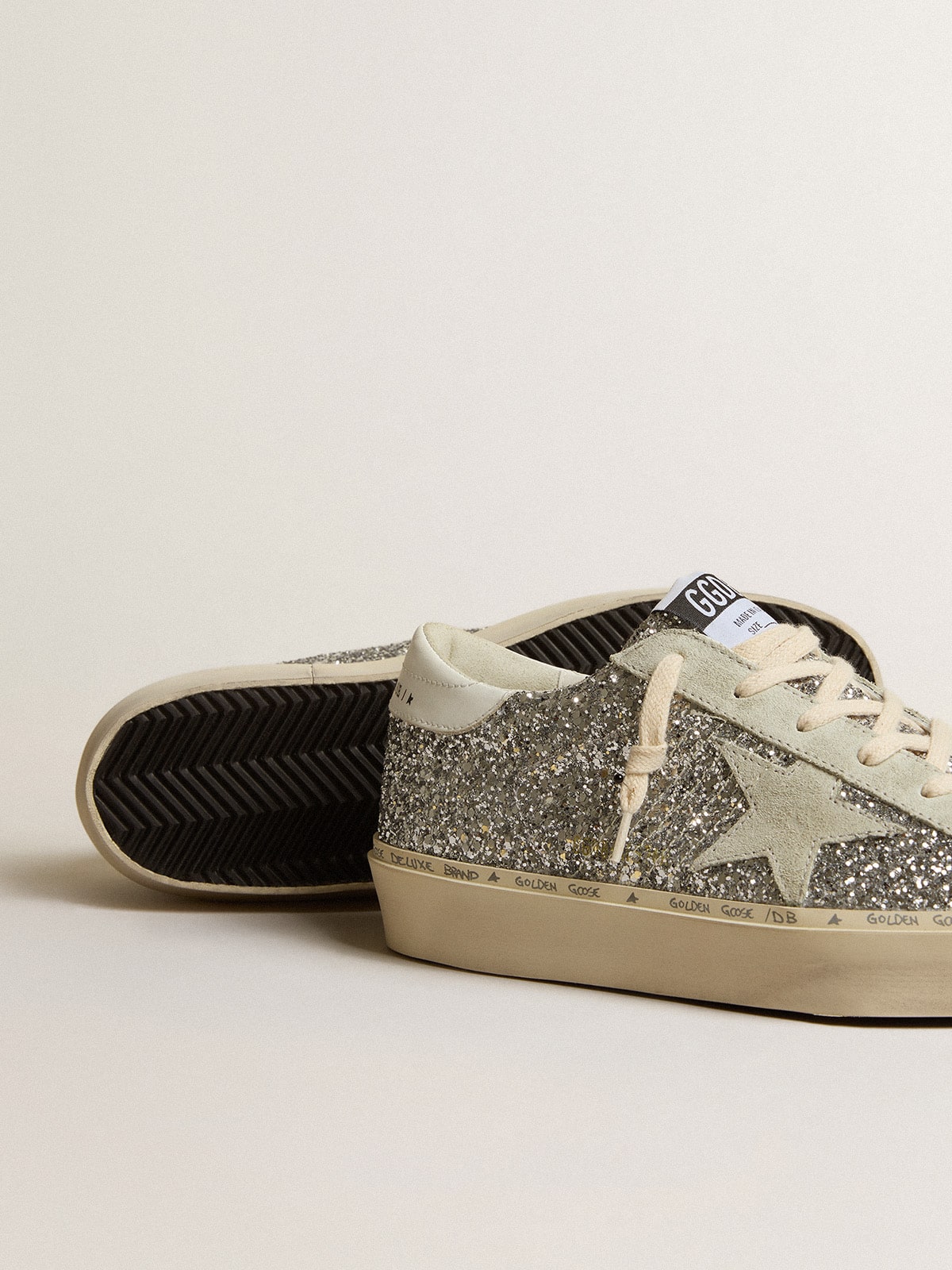 Women's Hi Star in silver glitter with suede star and white heel tab - Golden Goose Women