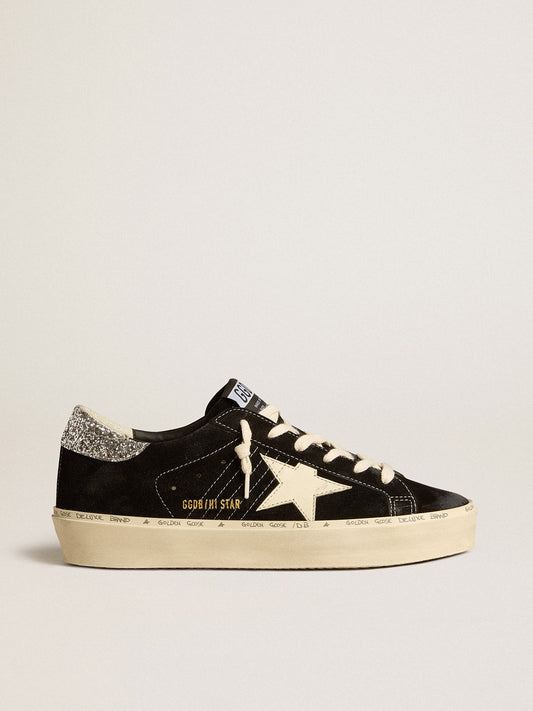 Women’s Hi Star in black leather with silver glitter heel tab - Golden Goose Women