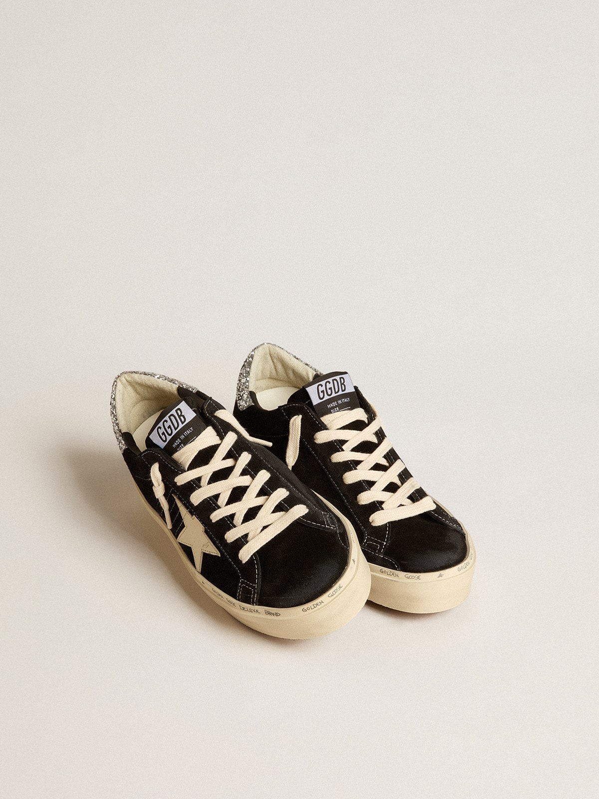 Women’s Hi Star in black leather with silver glitter heel tab - Golden Goose Women