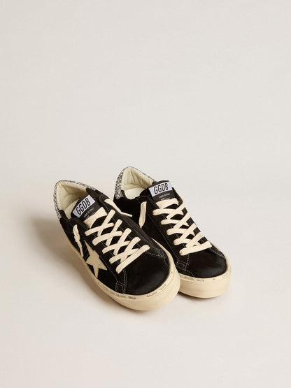 Women’s Hi Star in black leather with silver glitter heel tab - Golden Goose Women