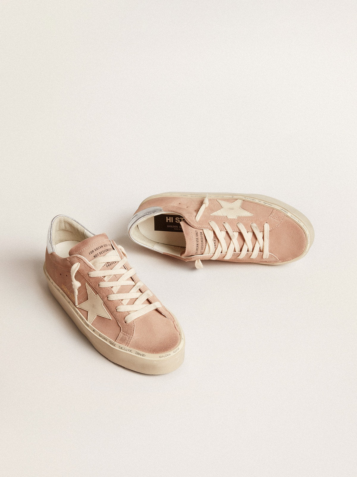 Women's Hi Star in pink suede with cream star and silver leather heel tab - Golden Goose Women