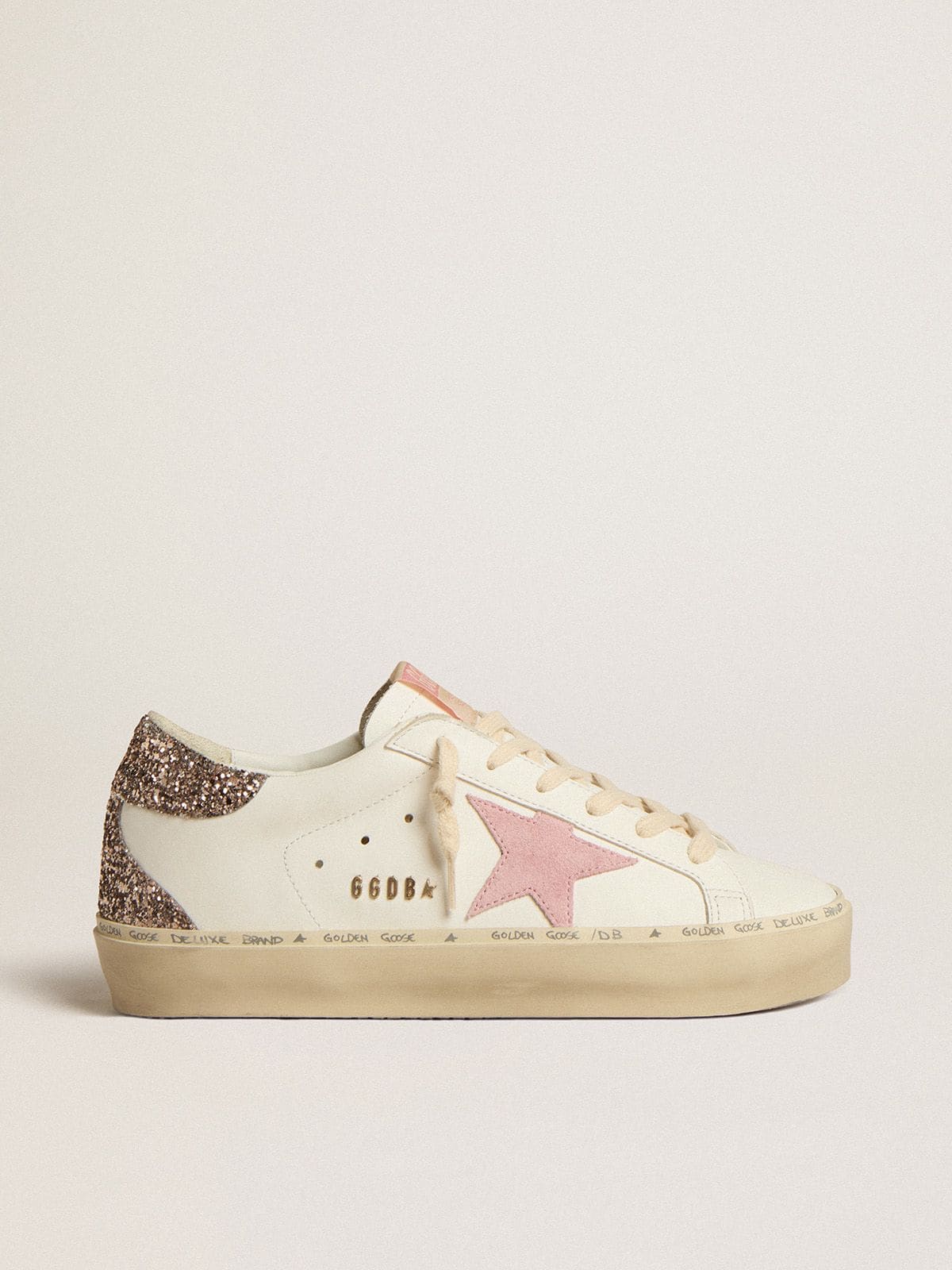 Hi Star in white leather with pink suede star and pink glitter heel tab - Golden Goose Women