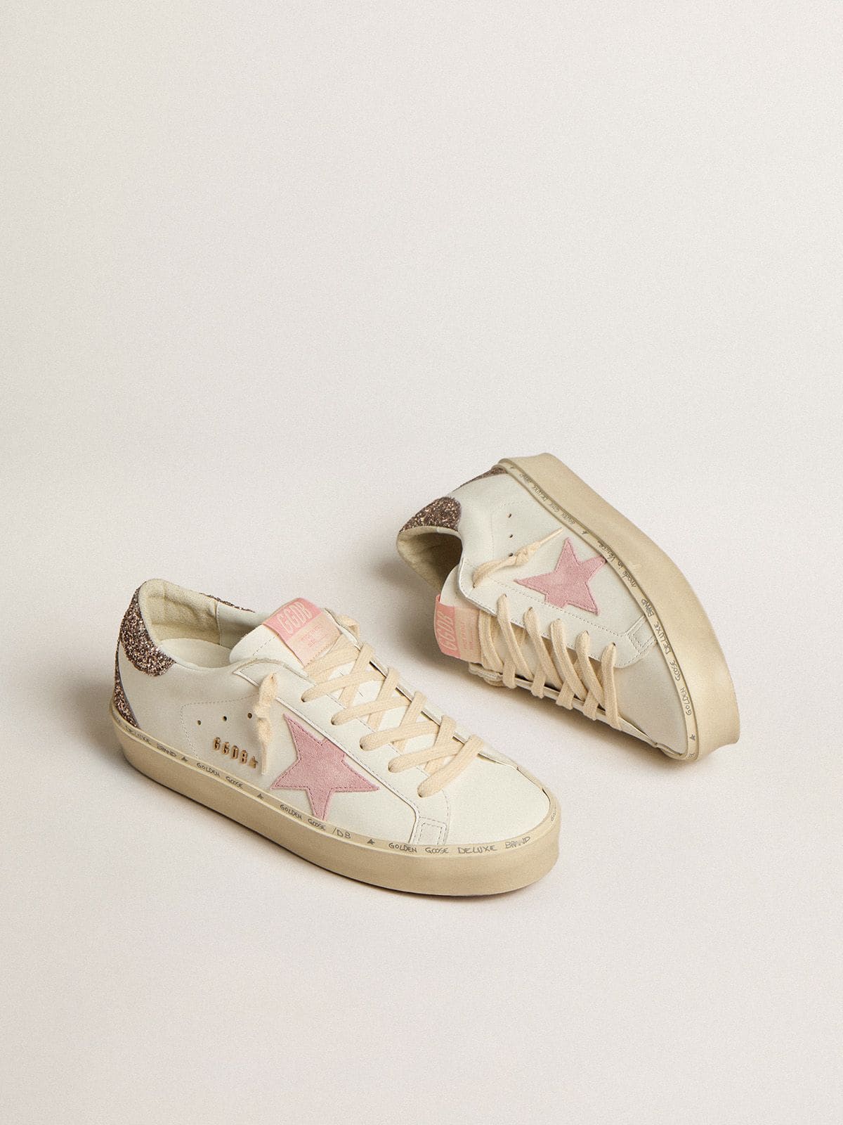 Hi Star in white leather with pink suede star and pink glitter heel tab - Golden Goose Women