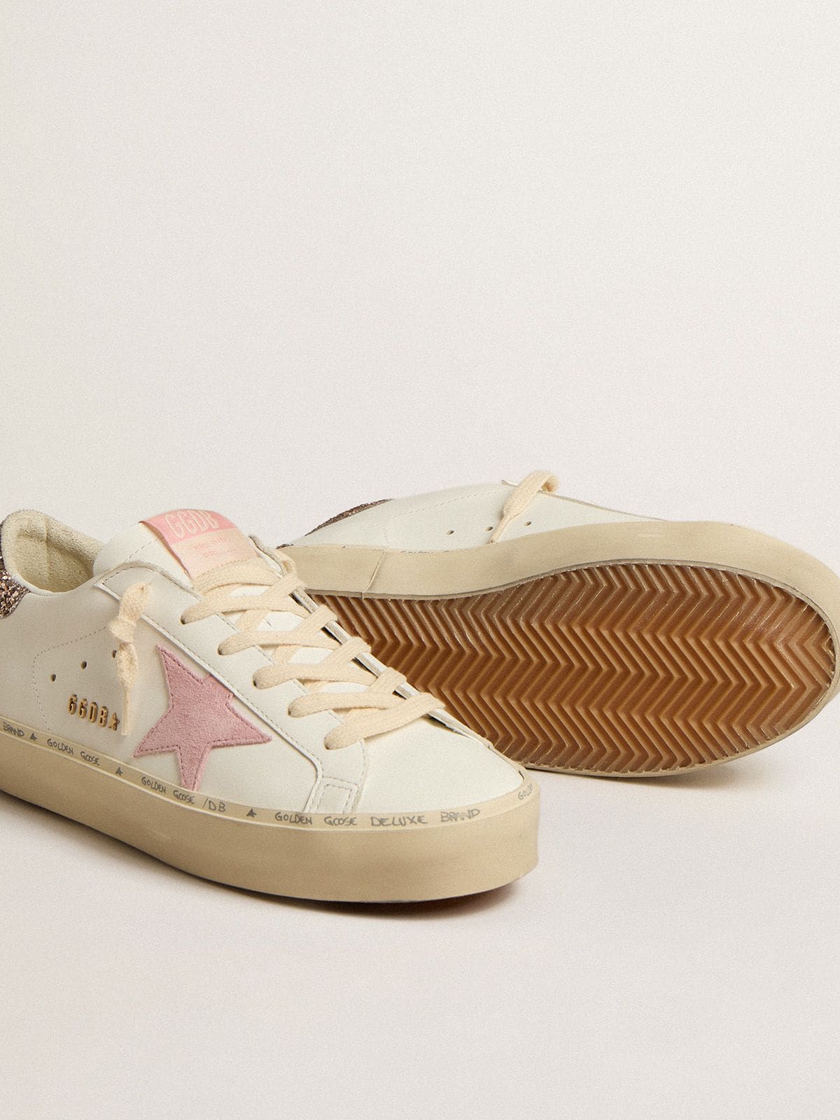 Hi Star in white leather with pink suede star and pink glitter heel tab - Golden Goose Women