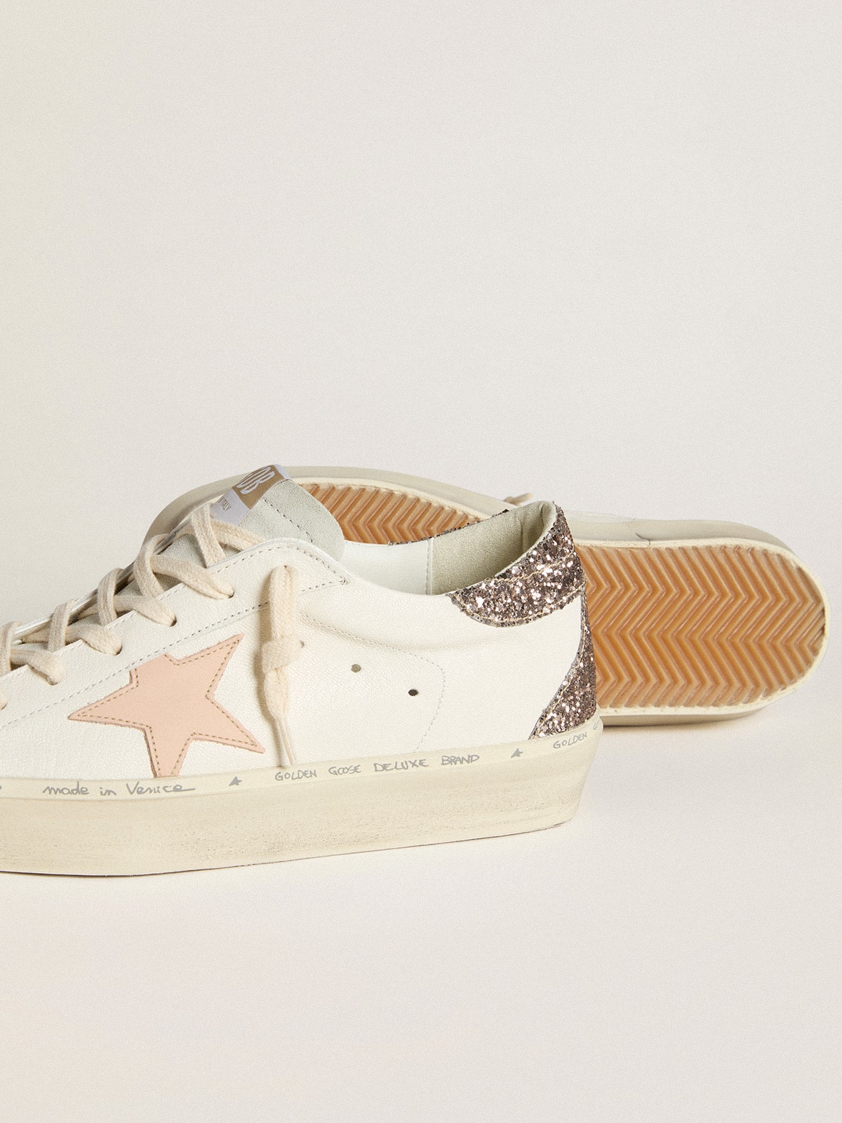 Hi Star in white nappa with pink leather star and glitter heel tab - Golden Goose Women