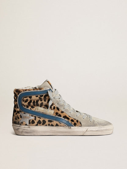 Women's Slide in leopard print pony skin with silver leather star - Golden Goose Women