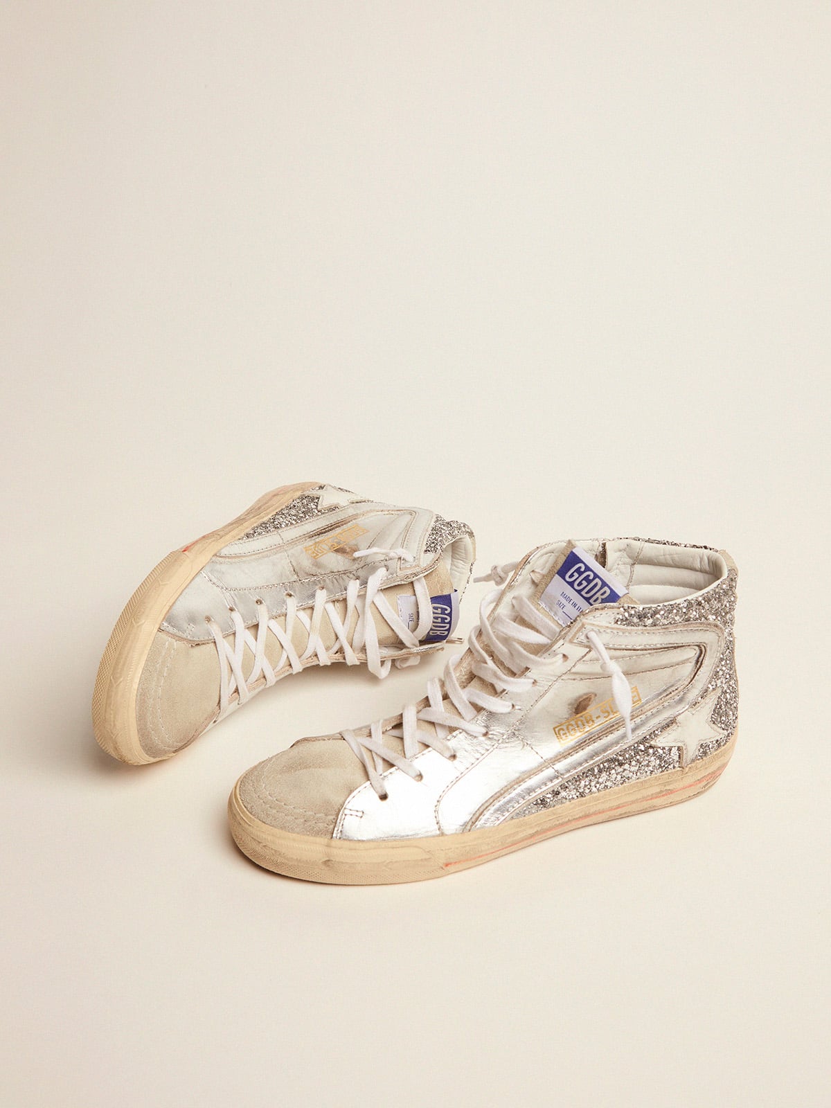 Women's Slide with laminated leather upper and silver glitter - Golden Goose Women