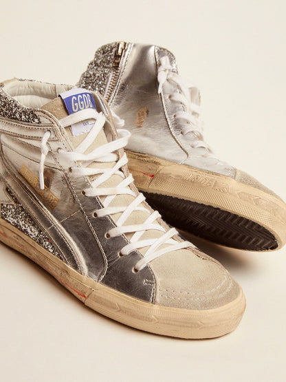Women's Slide with laminated leather upper and silver glitter - Golden Goose Women