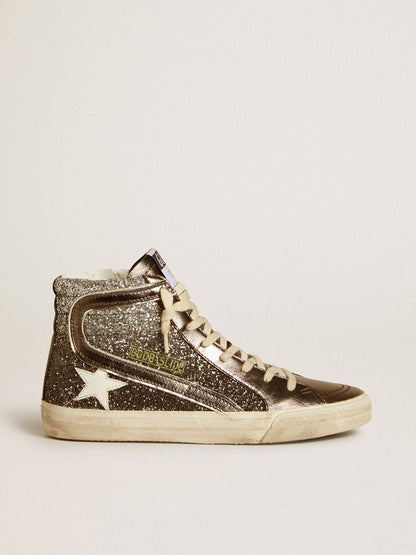 Women's Slide in black and silver glitter with leather star and metallic flash - Golden Goose Women