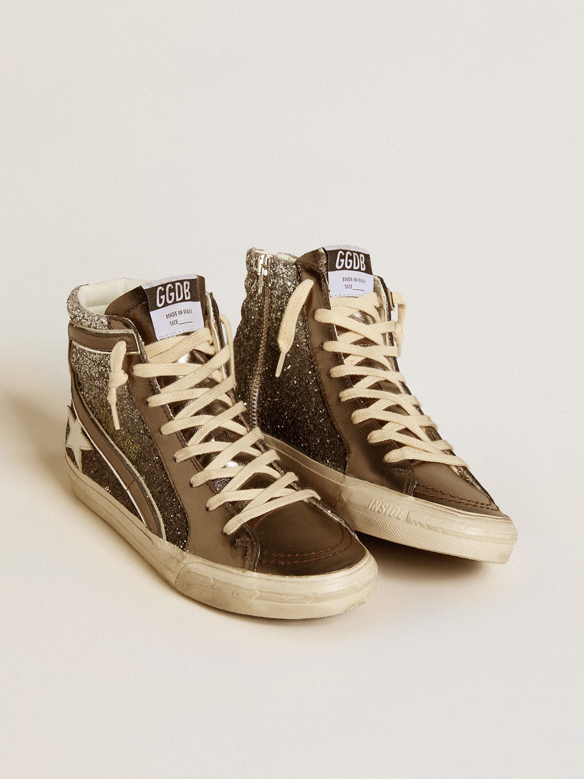 Women's Slide in black and silver glitter with leather star and metallic flash - Golden Goose Women