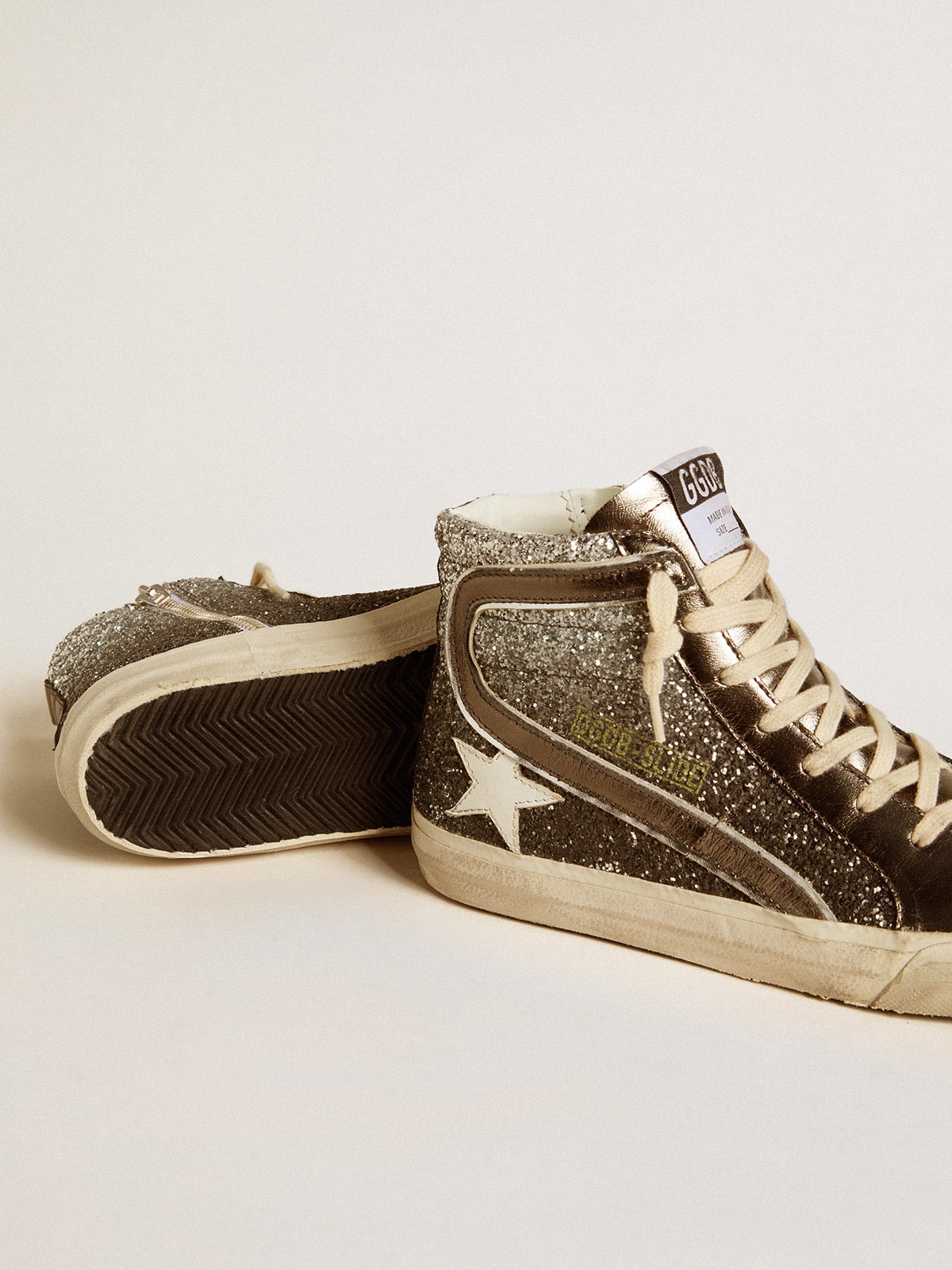 Women's Slide in black and silver glitter with leather star and metallic flash - Golden Goose Women