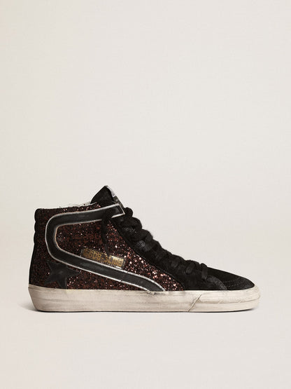 Slide in brown glitter with black leather star and flash - Golden Goose Women