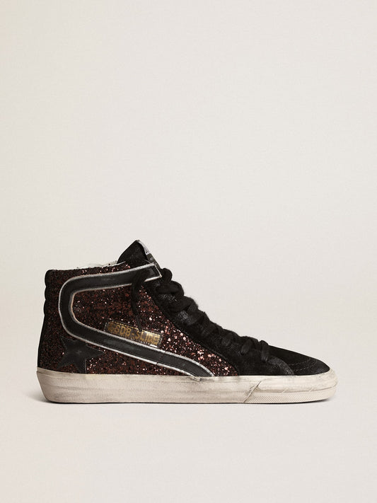 Slide in brown glitter with black leather star and flash - Golden Goose Women