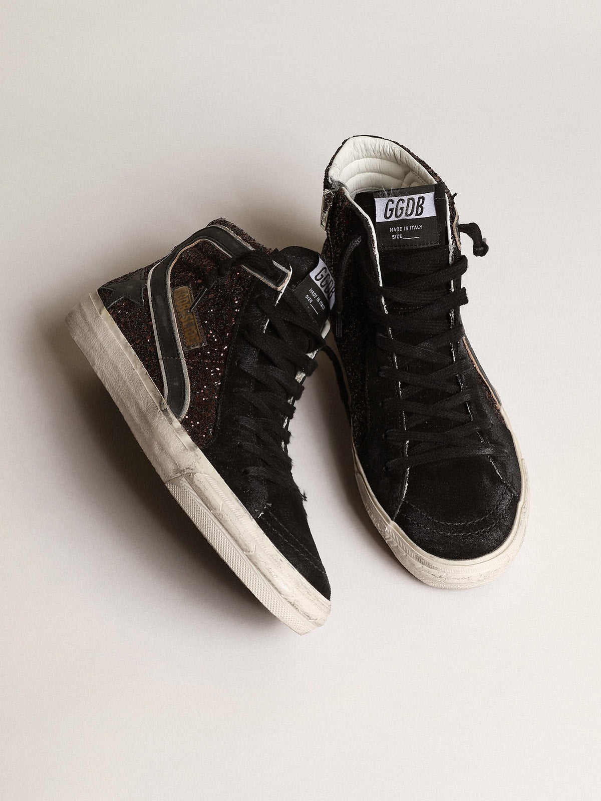 Slide in brown glitter with black leather star and flash - Golden Goose Women