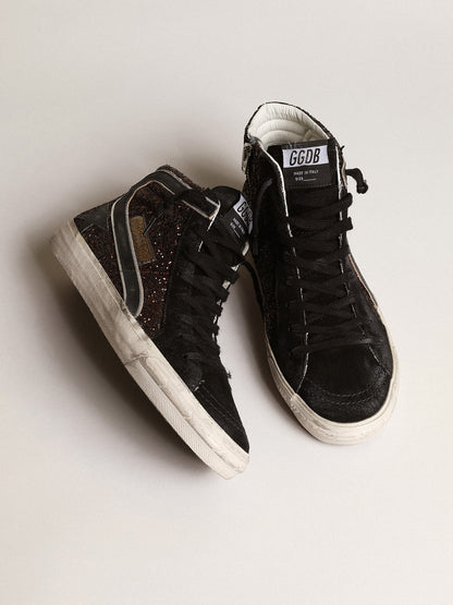 Slide in brown glitter with black leather star and flash - Golden Goose Women