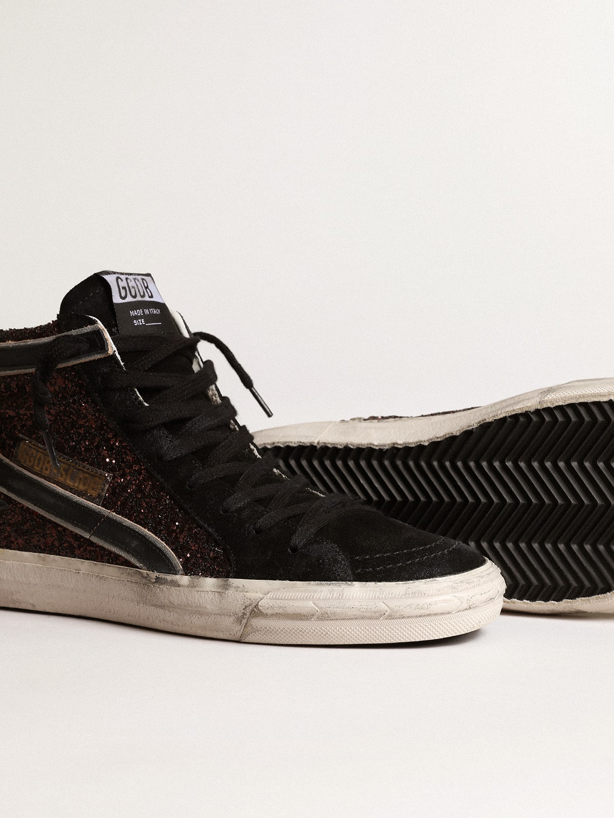 Slide in brown glitter with black leather star and flash - Golden Goose Women