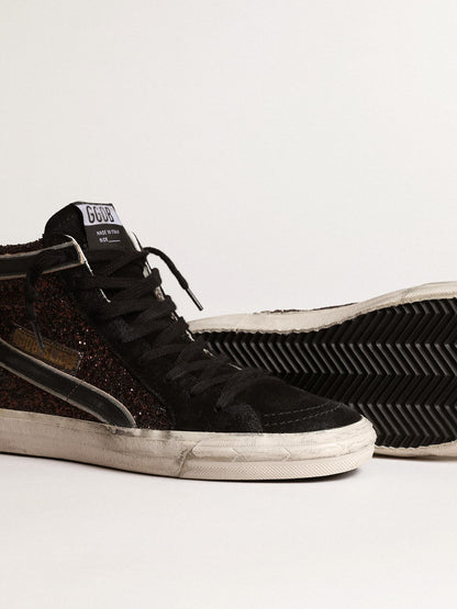 Slide in brown glitter with black leather star and flash - Golden Goose Women