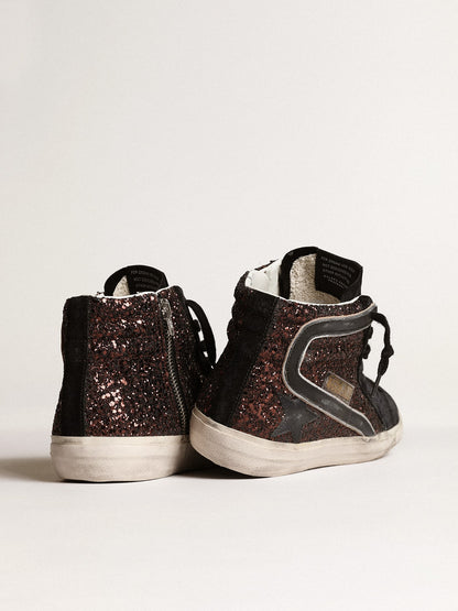 Slide in brown glitter with black leather star and flash - Golden Goose Women