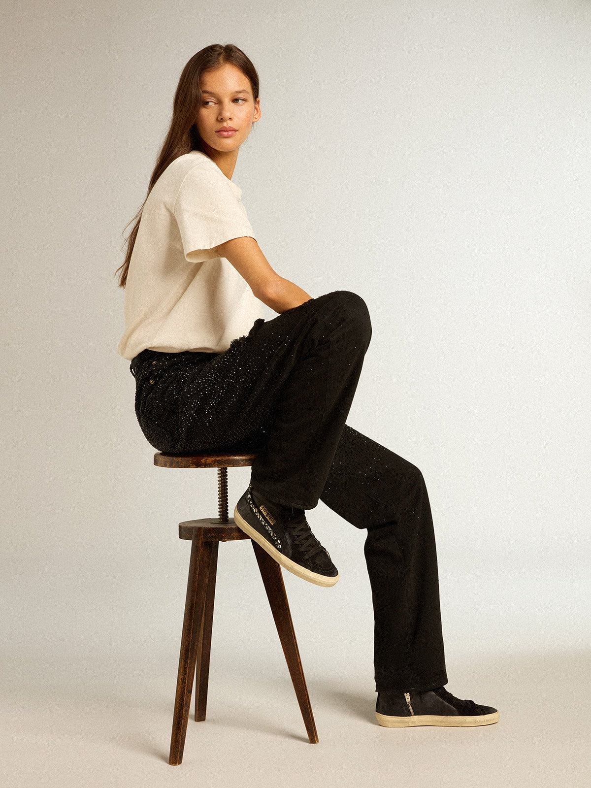 Slide in leather with black star and Swarovski crystal flash - Golden Goose Women
