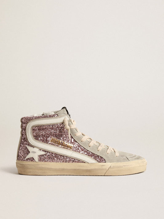 Slide in lilac glitter with white leather star and flash - Golden Goose Women