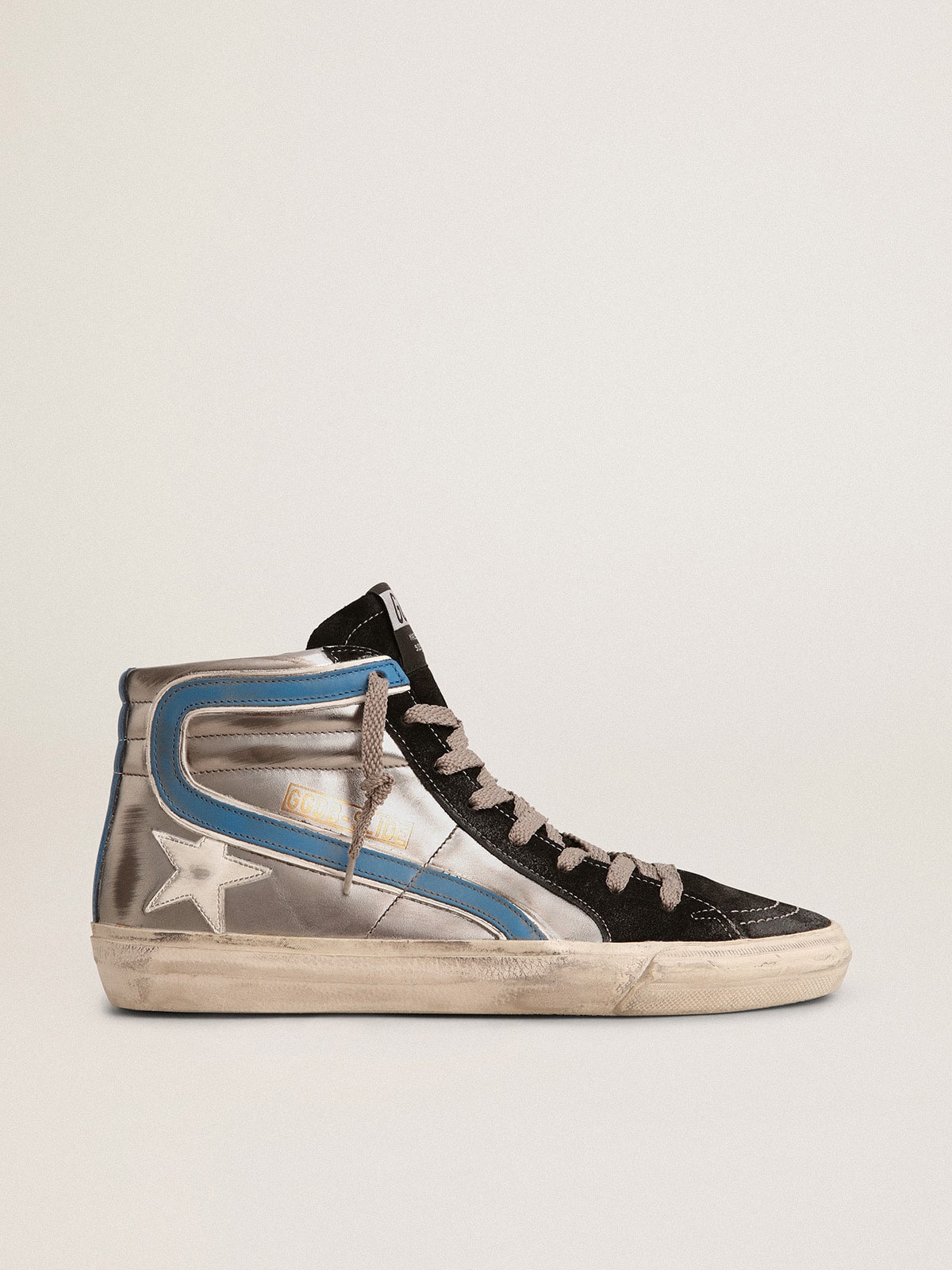 Slide in silver metallic leather with white leather star - Golden Goose Women