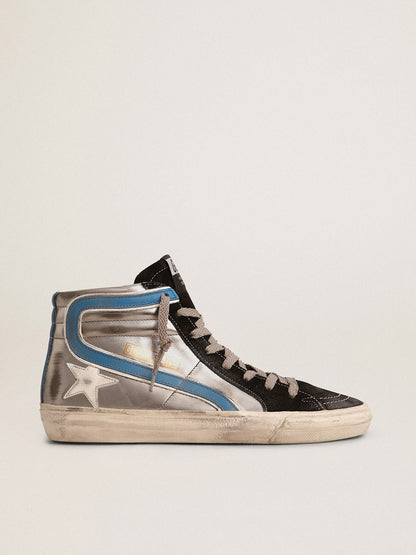 Slide in silver metallic leather with white leather star - Golden Goose Women