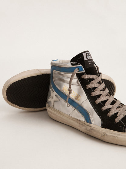 Slide in silver metallic leather with white leather star - Golden Goose Women
