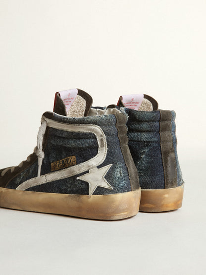 Slide in midnight-blue denim with white leather star - Golden Goose Women