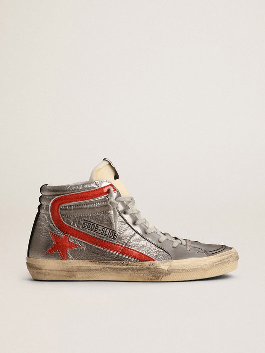 Women’s Slide with silver metallic leather upper and red metallic leather flash - Golden Goose Women