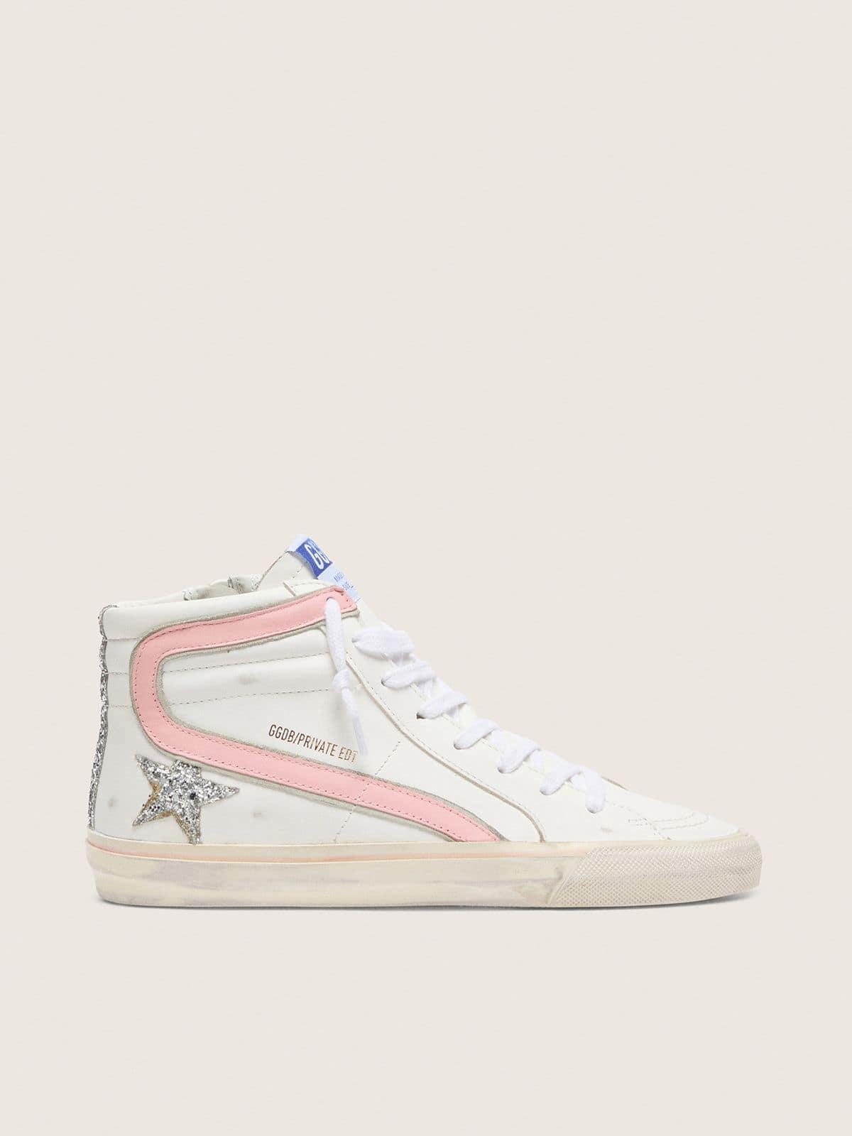 Women's Slide in white leather with silver glitter star and pink leather flash - Golden Goose Women