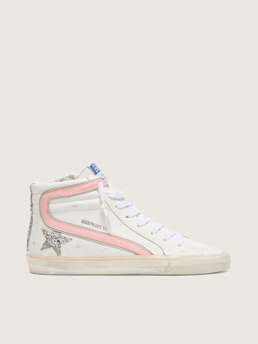 Women's Slide in white leather with silver glitter star and pink leather flash - Golden Goose Women