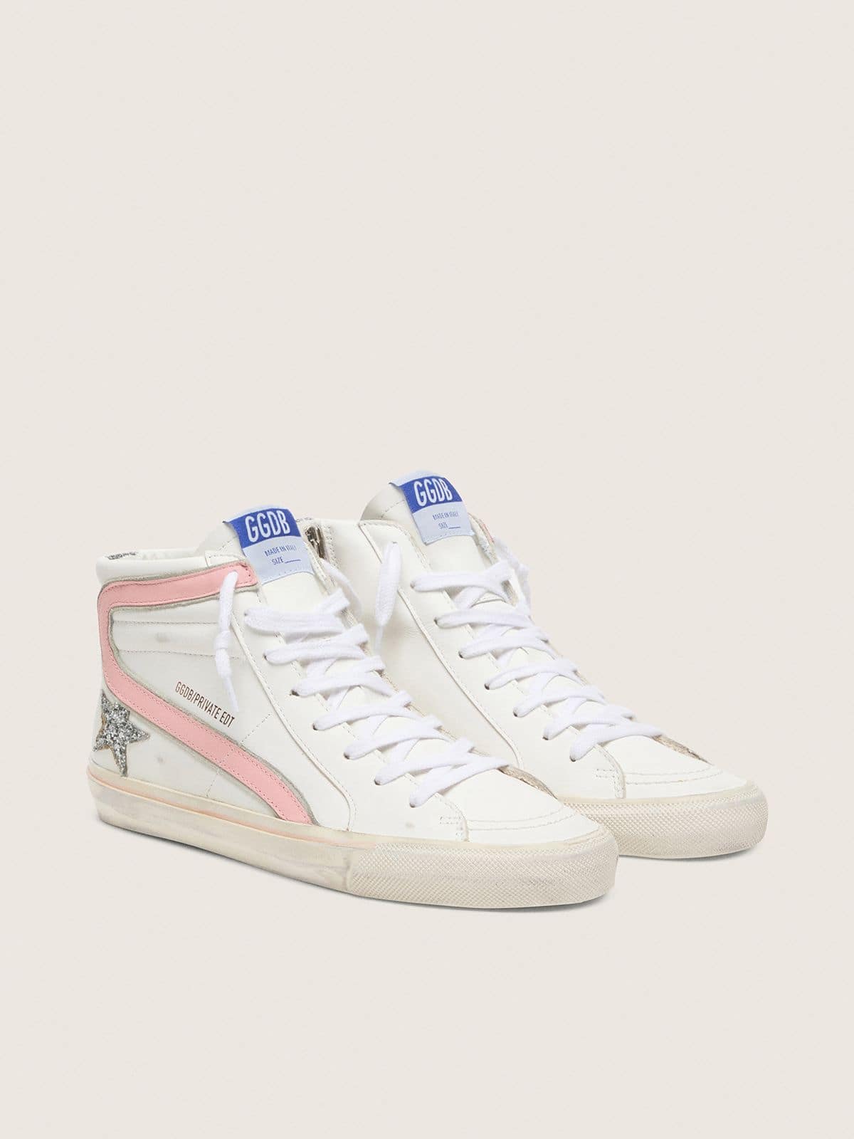 Women's Slide in white leather with silver glitter star and pink leather flash - Golden Goose Women