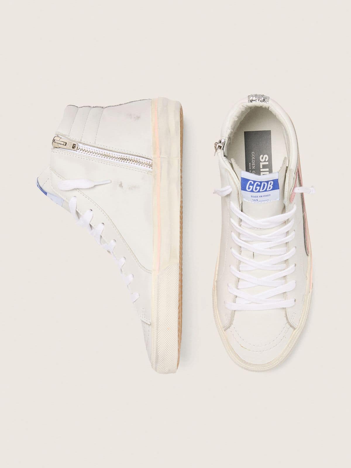 Women's Slide in white leather with silver glitter star and pink leather flash - Golden Goose Women