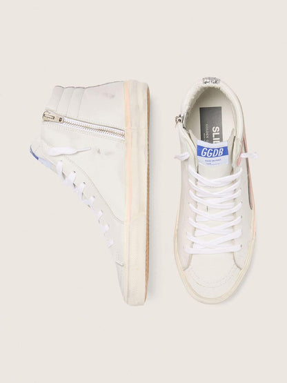 Women's Slide in white leather with silver glitter star and pink leather flash - Golden Goose Women