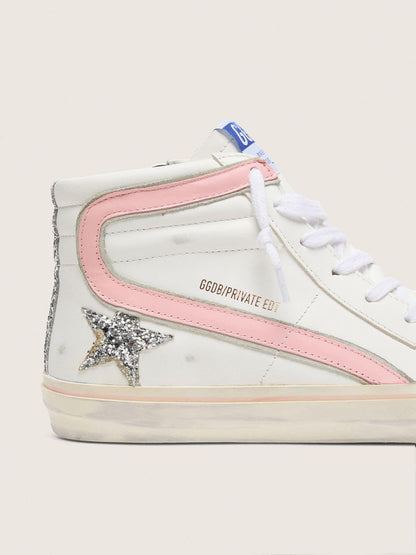 Women's Slide in white leather with silver glitter star and pink leather flash - Golden Goose Women