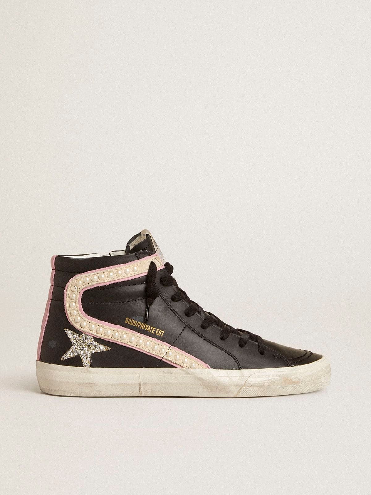 Slide LTD with platinum glitter star and suede flash with pearls - Golden Goose Women