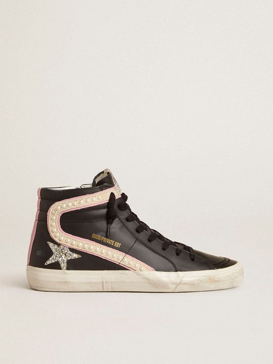 Slide LTD with platinum glitter star and suede flash with pearls - Golden Goose Women