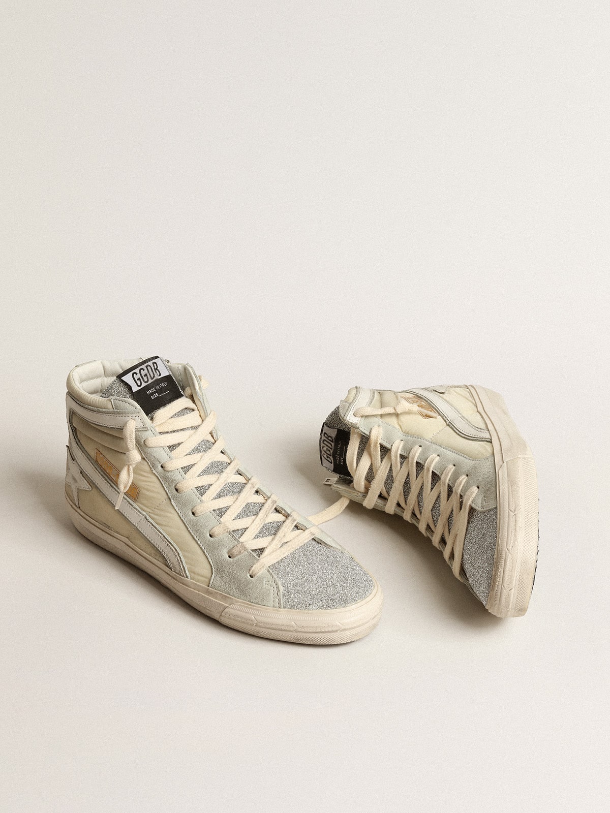 Slide in ivory nylon with white leather star and Swaroski tongue - Golden Goose Women