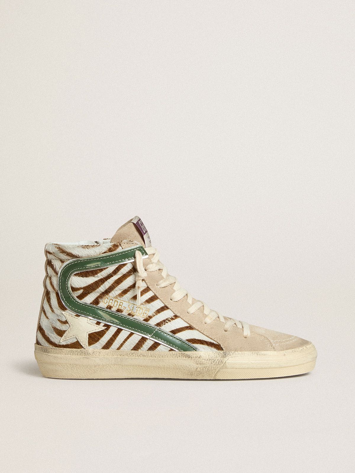 Women's Slide in zebra-print pony skin with green laminated leather flash - Golden Goose Women