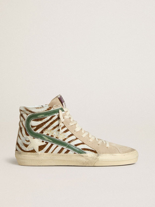 Women's Slide in zebra-print pony skin with green laminated leather flash - Golden Goose Women
