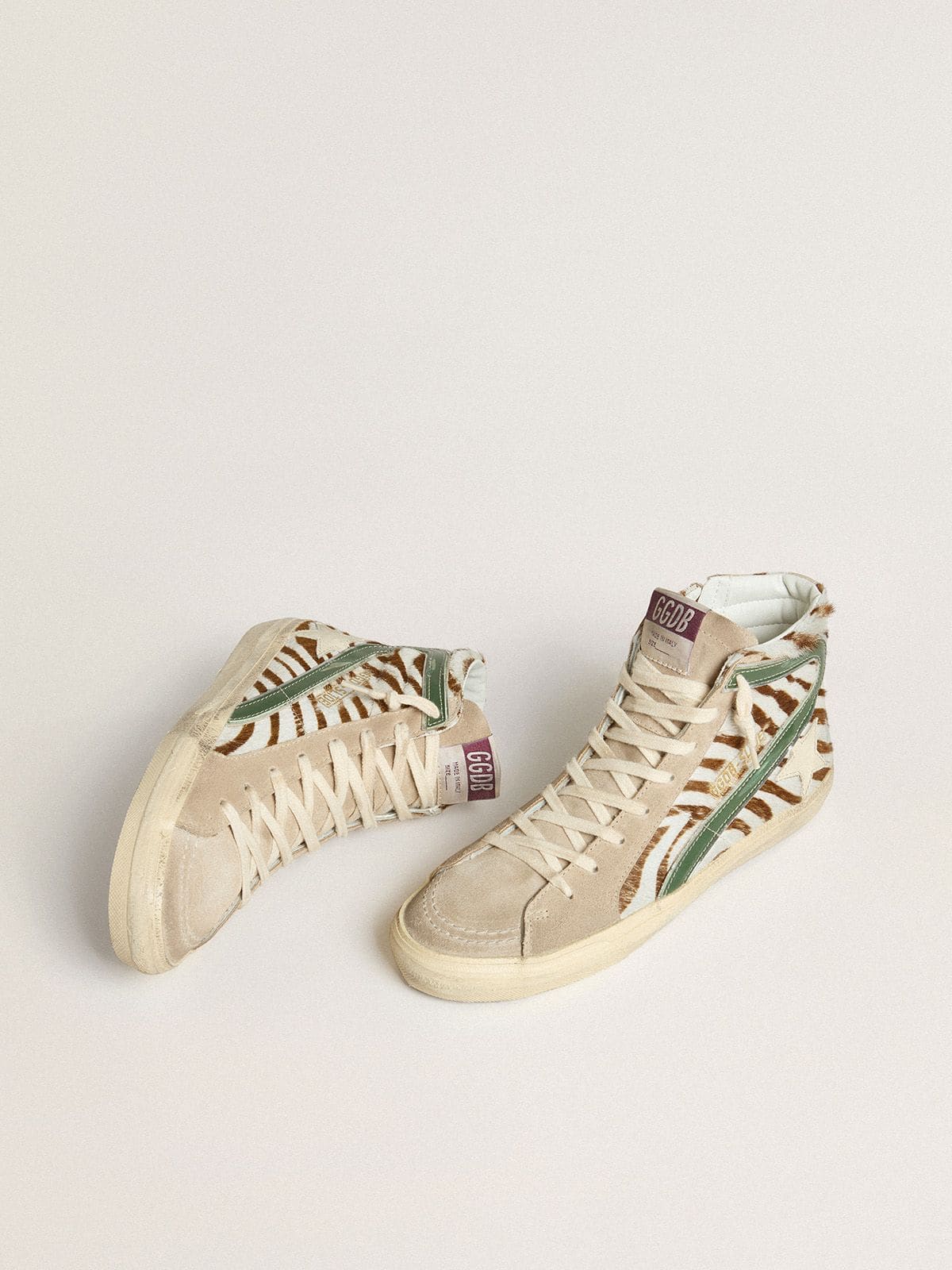 Women's Slide in zebra-print pony skin with green laminated leather flash - Golden Goose Women